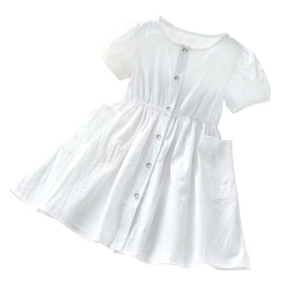 Button Down Dresses Girls Summer Casual Short Sleeve Cotton Swing Dress with Pocket Crew Neck Basic Toddler Girl Clothes White 5 Years