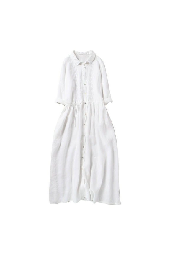 Button Down Dresses for Women Lapel Drawstring Waist Casual Dresses Solid Color Vintage Cotton Linen Dress