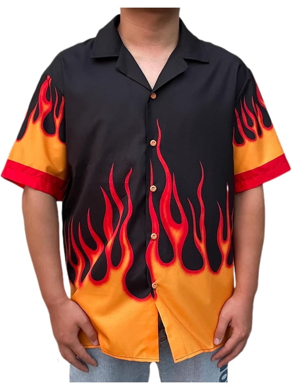 Button Down Flame Shirt for Men Women Oversized Short Sleeve T-Shirt