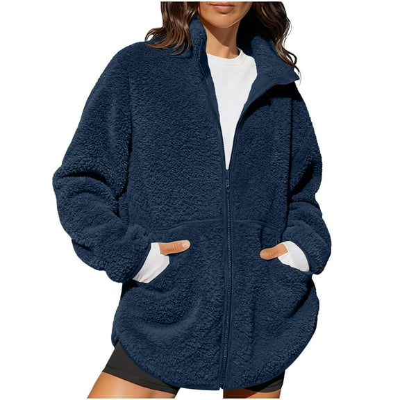 Fleece Jacket Women Fuzzy Long Sleeve Short Coats Winter Warm Stand Collar Sherpa Outerwear with Pockets (Navy 2XL）