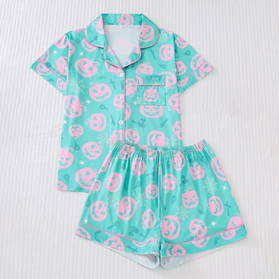 Button-Down Halloween Pajama Set Silk Oversized Fit Stretch Ghost Print Summerween Pajamas Ruffle Lingerie Notch Collar Sleepwear