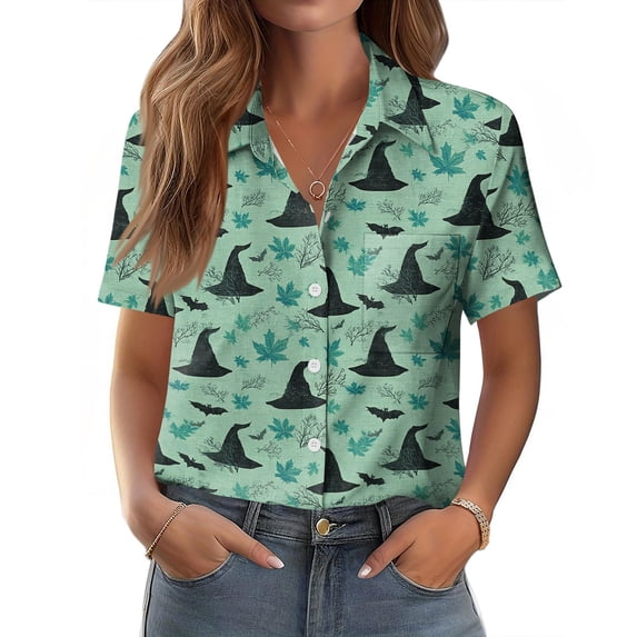 Button Down Halloween Shirts for Women Short Sleeve V Neck Fall Holiday Tops Loose Fit Casual Halloween Tshirts