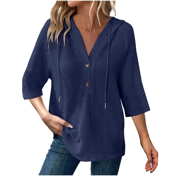Button Down Hooded Sweatshirt for Women Waffle Textured Loose Fit Pullover Tops Spring Fall 3/4 Sleeve Casual Blouse