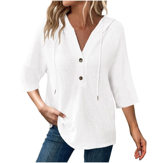 Button Down Hooded Sweatshirt for Women Waffle Textured Loose Fit Pullover Tops Spring Fall 3/4 Sleeve Casual Blouse