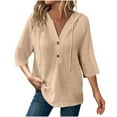 thumbnail image 1 of Button Down Hooded Sweatshirt for Women Waffle Textured Loose Fit Pullover Tops Spring Fall 3/4 Sleeve Casual Blouse, 1 of 9