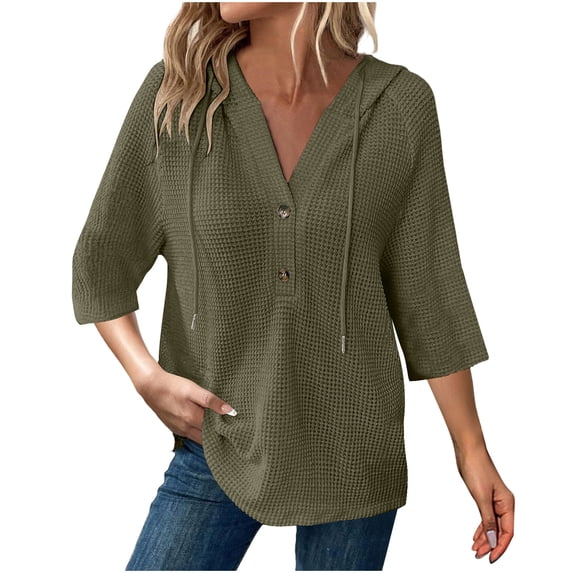 Button Down Hooded Sweatshirt for Women Waffle Textured Loose Fit Pullover Tops Spring Fall 3/4 Sleeve Casual Blouse