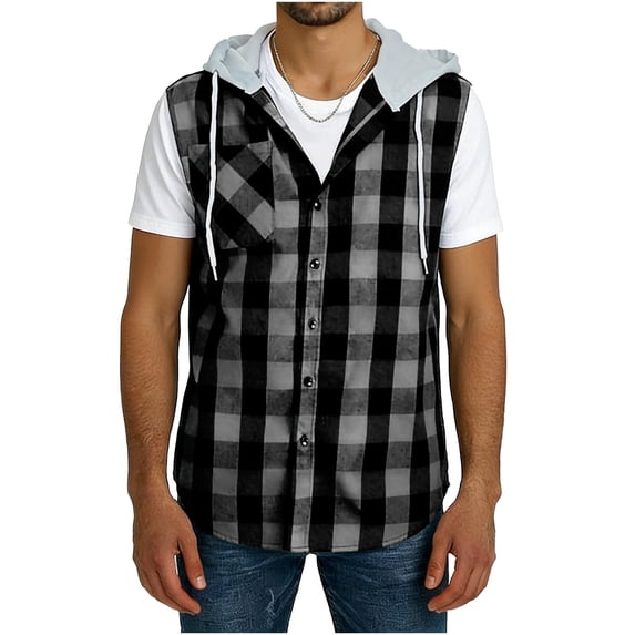 Button-Down Hoodies for Men with Pocket Sleeveless Shirts Mens Casual Plaid Printed Loose Breathable Going-Out Streetwear Tank Tops Vests