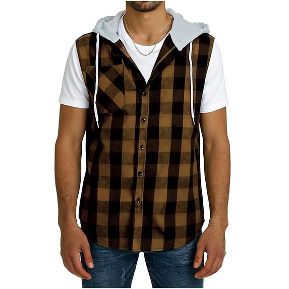 Button-Down Hoodies for Men with Pocket Sleeveless Shirts Mens Casual Plaid Printed Loose Breathable Going-Out Streetwear Tank Tops Vests