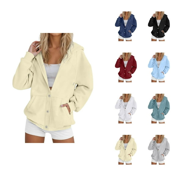 Button Down Hoodies for Women 2025 Fall Winter Long Sleeve Plain Hooded Sweatshirt with Pockets Jacket Coat