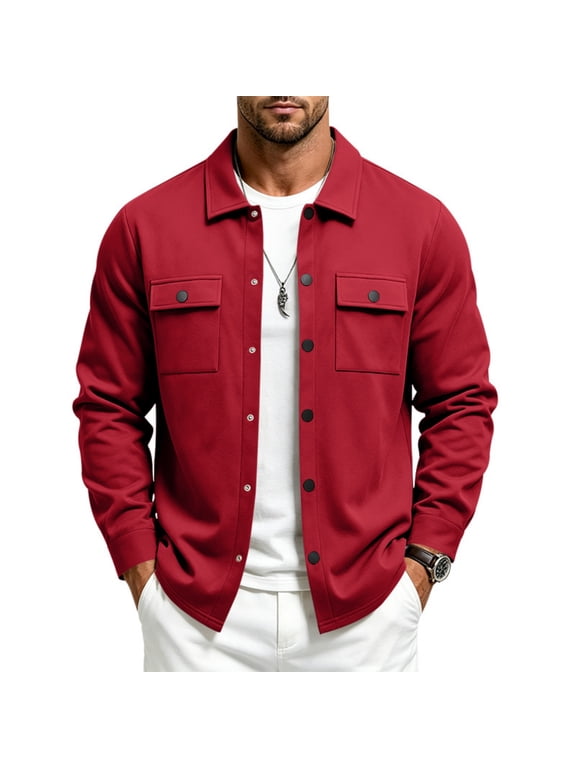 Button Down Jacket for Men Long Sleeve Collared Solid Color Shacket Trendy Fall Casual Streetwear Outerwear with Pocket Red 2XL