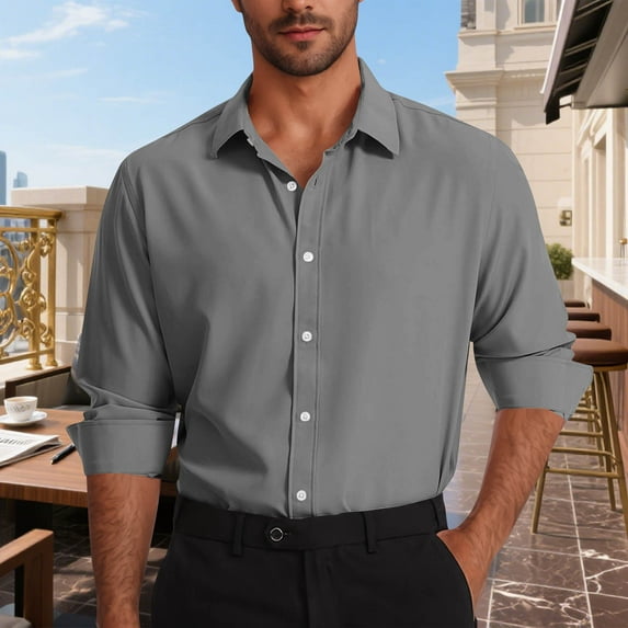 Button Down Jackets for Men Gray Business Dress Shirts Long Sleeve Regular Fit Formal Men's Clothing