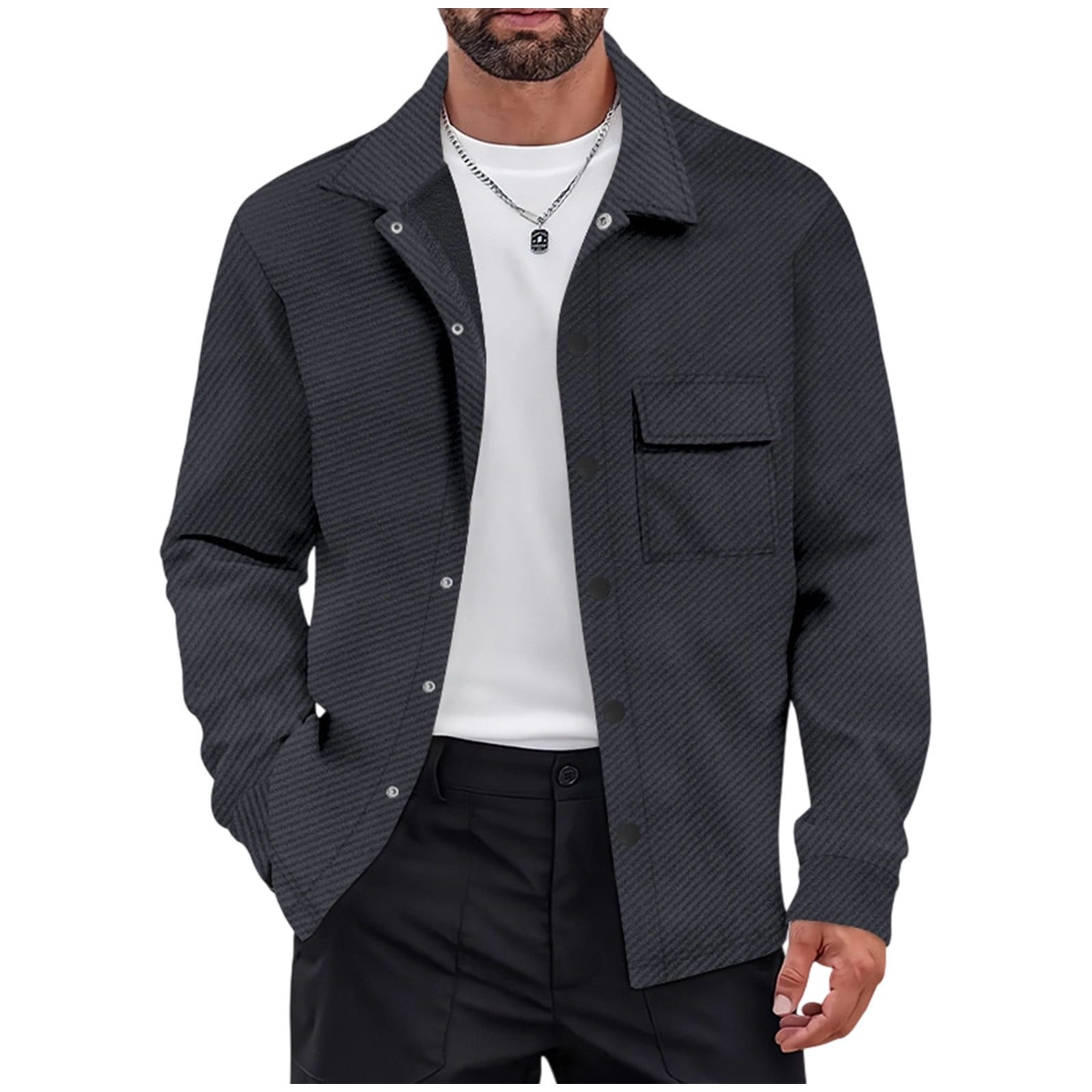 Button Down Jackets for Men Gray Shacket Plain Shirt Pocket Casual Long ...