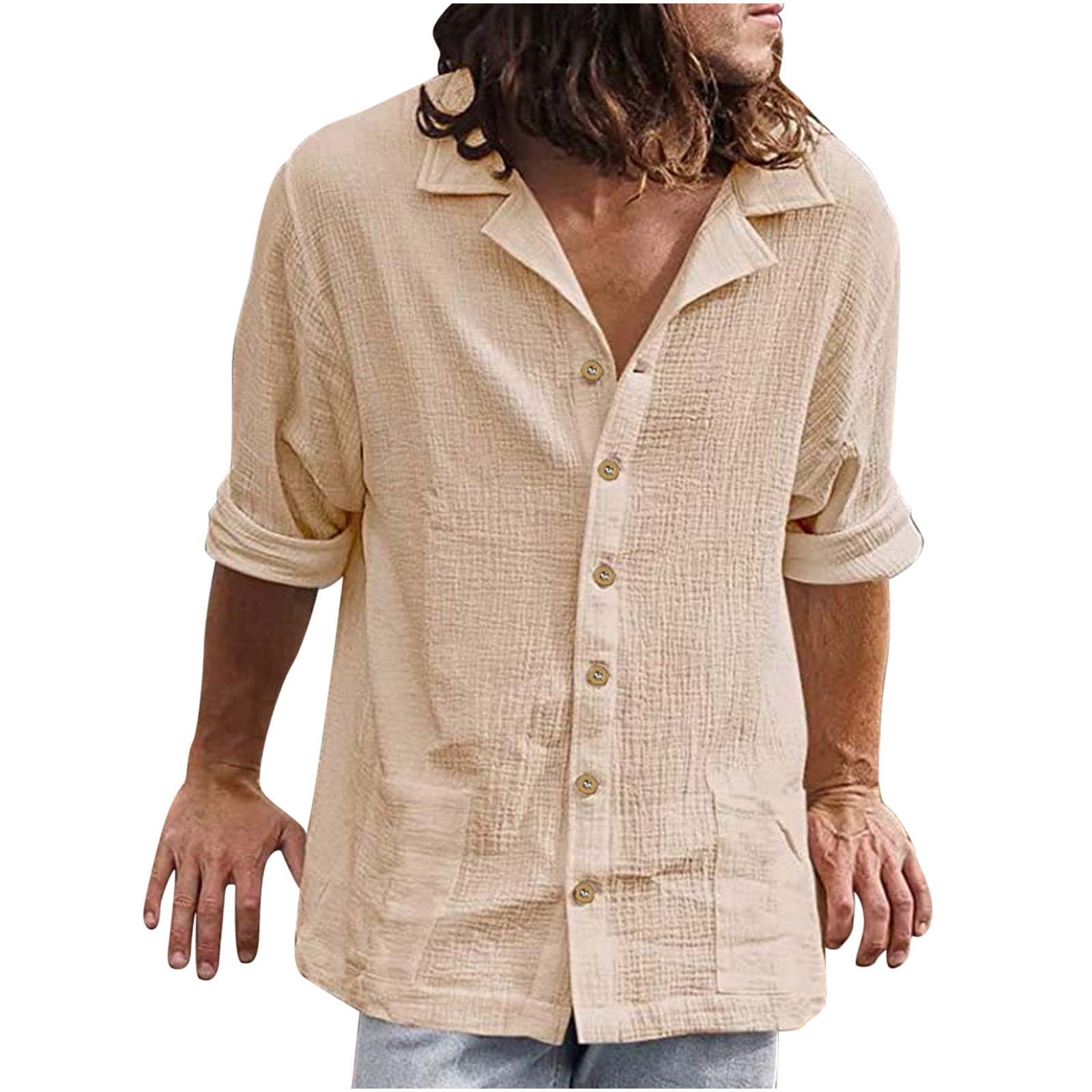 Button Down Linen Shirts Mens Long Sleeve Rolled Lapel Collar Shirt Summer Spring Top Beach Lightweight Blouses Large Khaki