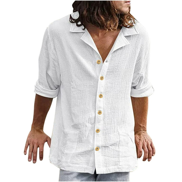 Button Down Linen Shirts Mens Long Sleeve Rolled Lapel