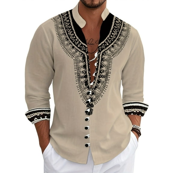 Button Down Linen Shirts for Men Casual Long Sleeve Regular Fit Beach Shirts Beige M