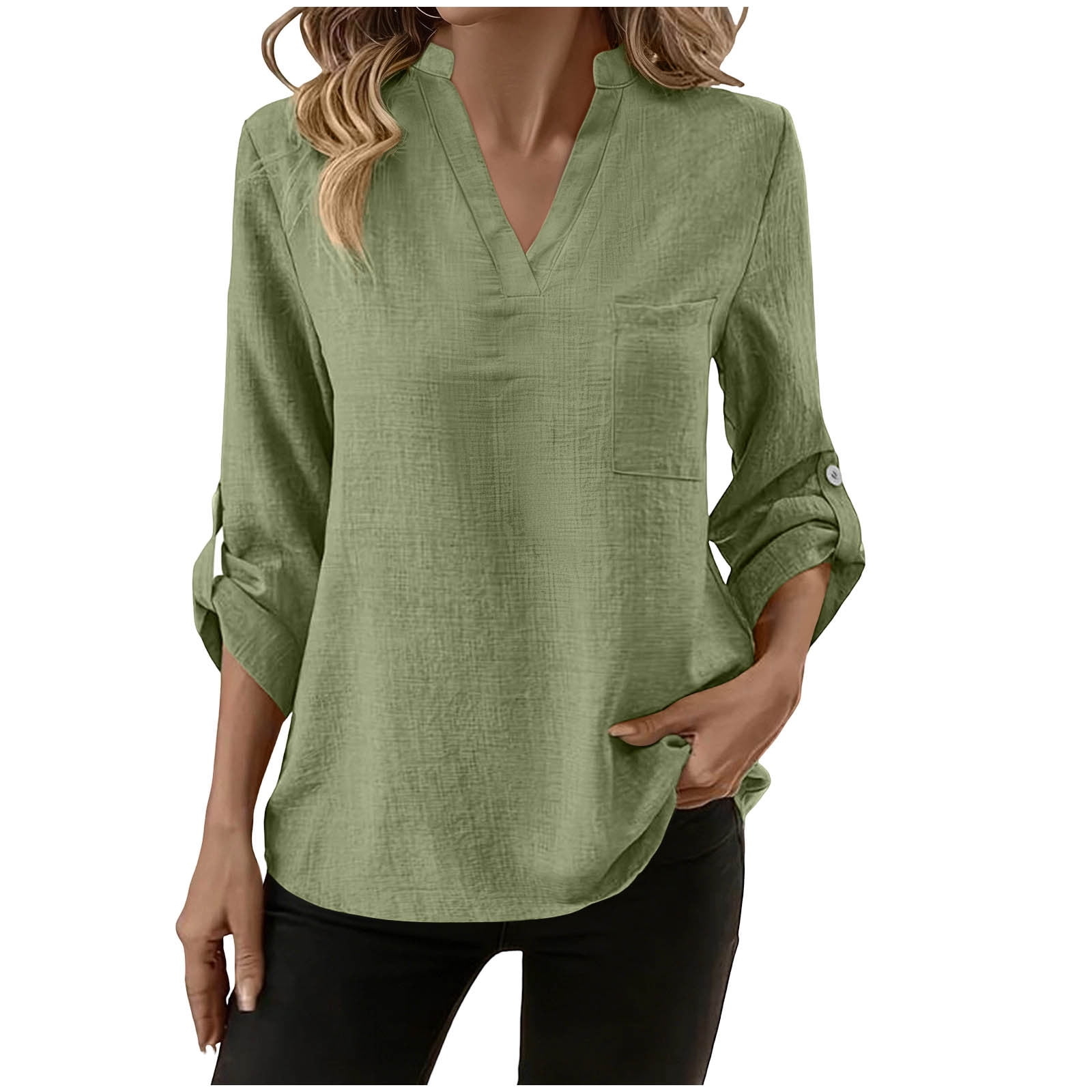 Button Down Linen Shirts for Women Roll up 3/4 Length Sleeve Tops ...