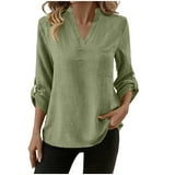 Button Down Linen Shirts for Women Roll up 3/4 Length Sleeve Tops ...