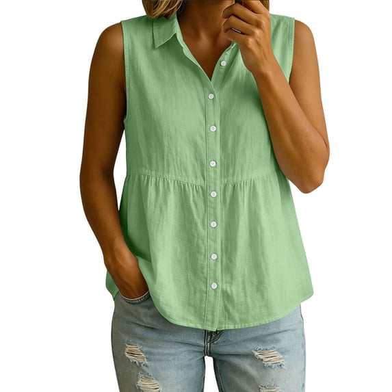 Button Down Linen Tank Tops for Women Summer Business Casual Blouses Dressy Sleeveless Collared Babydoll Shirts