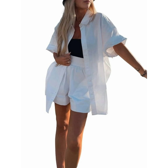 Button Down Linen for Women Short Sleeve Top Shorts 2 Piece Summer Vacation Outfits Lounge Tracksuits White S