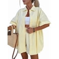 thumbnail image 1 of Button Down Linen for Women Short Sleeve Top Shorts 2 Piece Summer Vacation Outfits Lounge Tracksuits Yellow S, 1 of 8