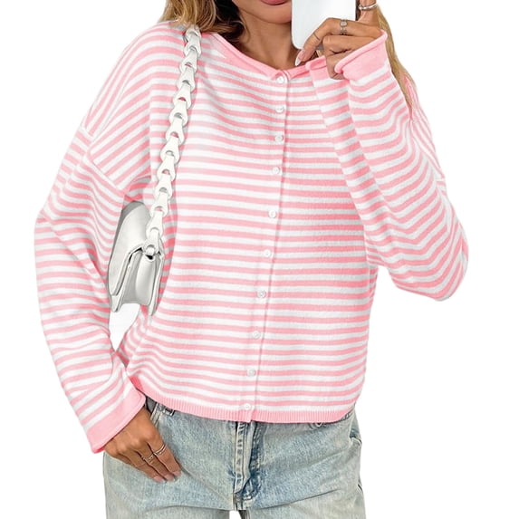 Button Down Long Sleeve Lightweight Crewneck Casual Knit Striped Cardigan