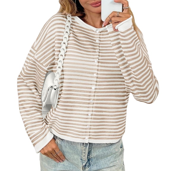 Button Down Long Sleeve Lightweight Crewneck Casual Knit Striped Cardigan