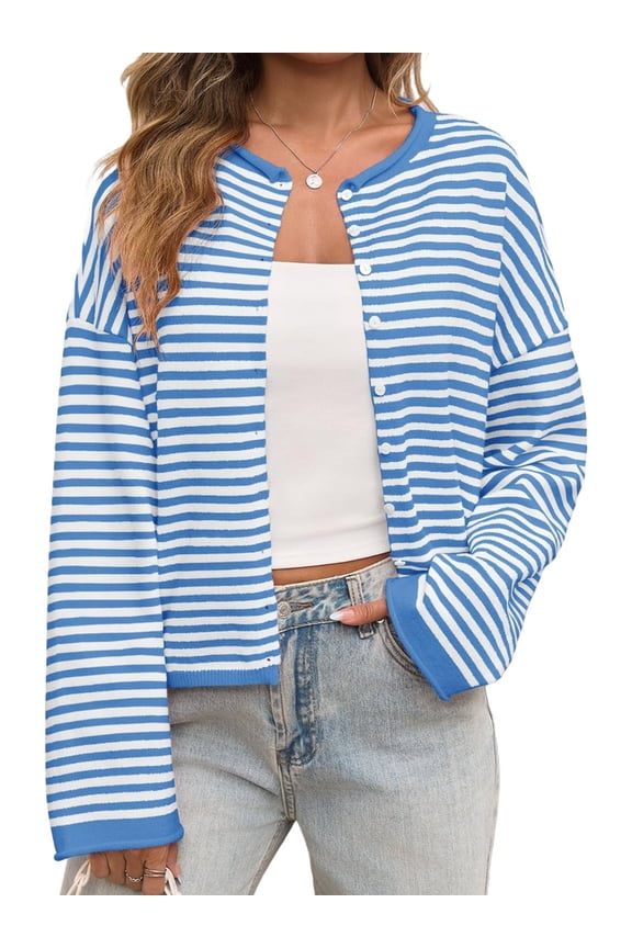 Button Down Long Sleeve Lightweight Crewneck Casual Knit Striped Cardigan