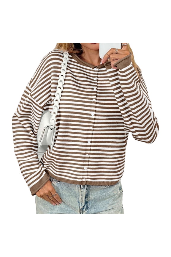 Button Down Long Sleeve Lightweight Crewneck Casual Knit Striped Cardigan
