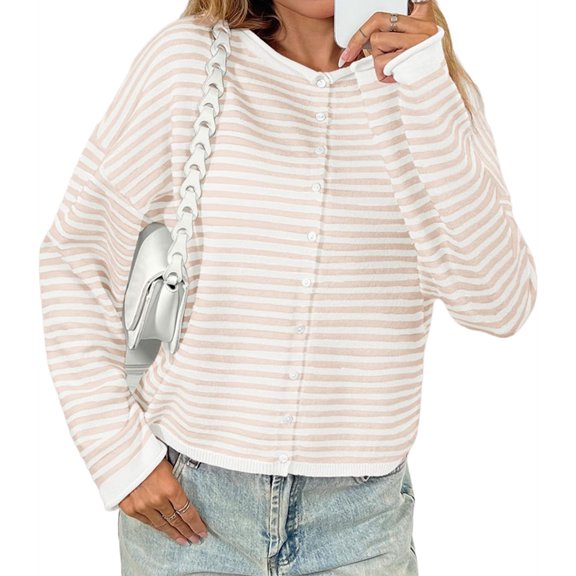 Button Down Long Sleeve Lightweight Crewneck Casual Knit Striped Cardigan