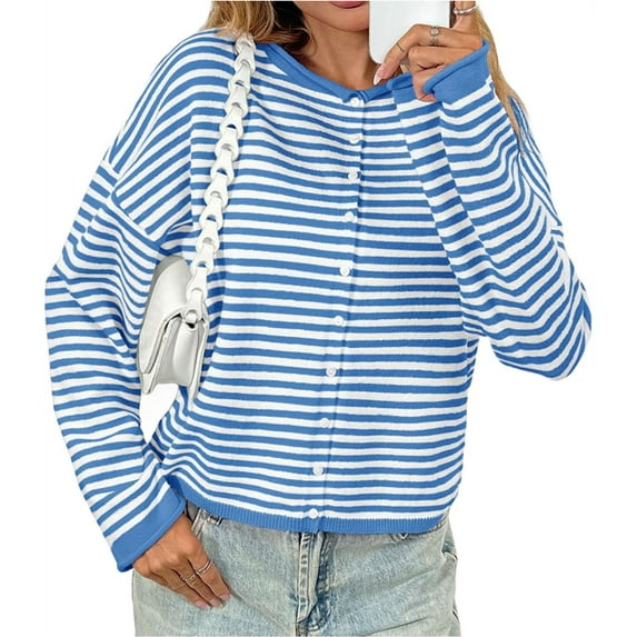 Button Down Long Sleeve Lightweight Crewneck Casual Knit Striped Cardigan