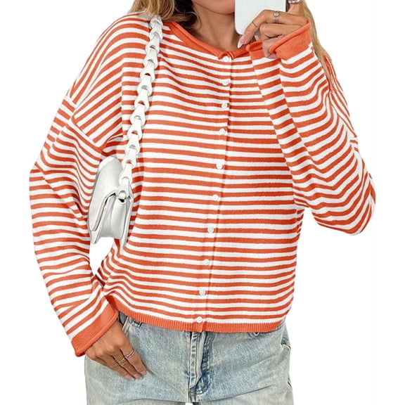 Button Down Long Sleeve Lightweight Crewneck Casual Knit Striped Cardigan