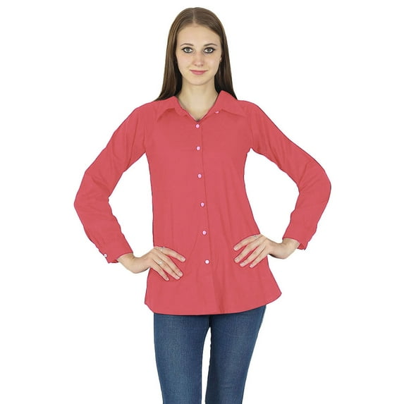 Button Down Long Sleeve Top Kurta Cotton Shirt Blouse Women Wear
