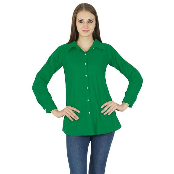 Button Down Long Sleeve Top Kurta Cotton Shirt Blouse Women Wear