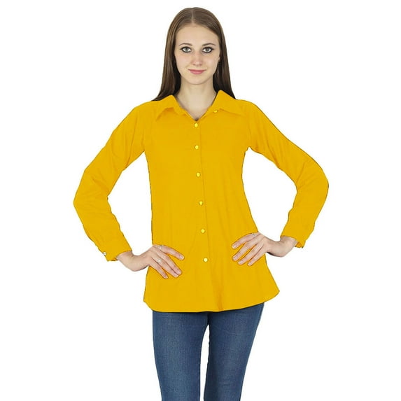 Button Down Long Sleeve Top Kurta Cotton Shirt Blouse Women Wear