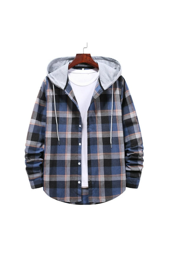 Button Down Mens Big and Tall Jackets Blue Flannel Plaid Shirt Hood Fall Winter Button-Up Mens Fashion