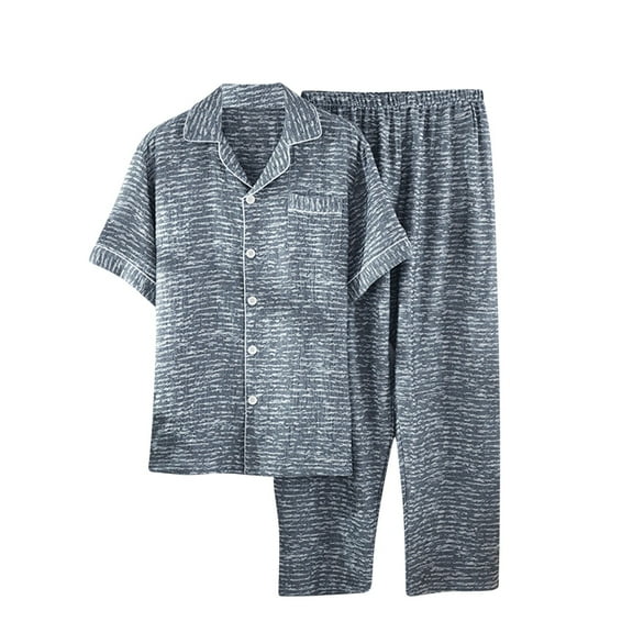 Button Down Nightgown for Men Short Sleeve Long Pants Pajamas Set Blue 2XL