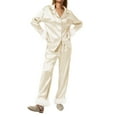 thumbnail image 1 of Button Down Pajamas Set for Women Long Sleeve Satin Silk Feather Trim Shirts Pants Set Sleepwear Nightwear Loungewear, 1 of 7
