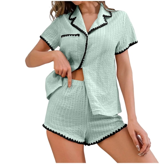 Button Down Pajamas Sets for Women Color Block Loose Lapel Sleepwear Short Sleeve Summer Comfy Pjs 2 Piece Lounge Set