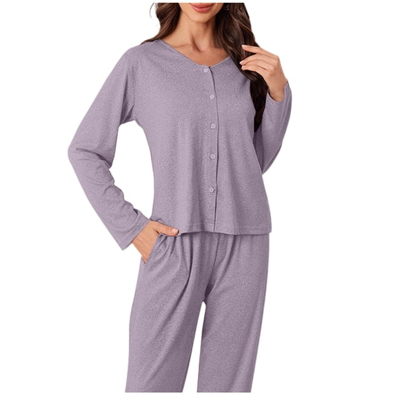 Button Down Pajamas Sets for Women Long Sleeve Sleepwear Matching Long Pants Comfy Pjs 2 Piece Lounge Set