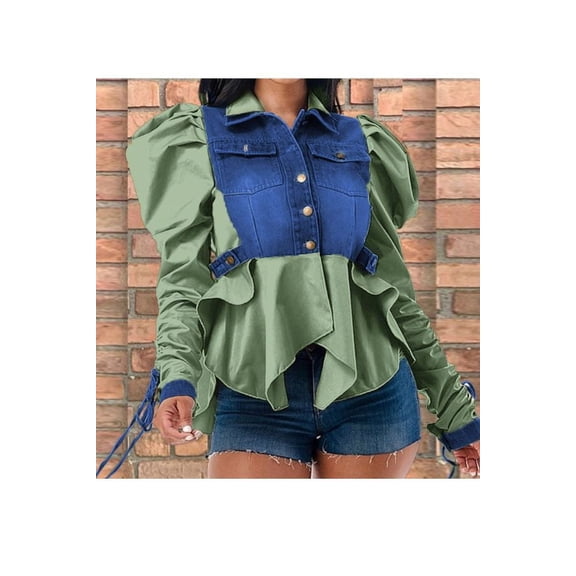 Button Down Patchwork Shirt Jacket Crop Top (L, MultiGreen)