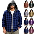 thumbnail image 1 of Button Down Plaid Jacket for Men,Long Sleeve Open Front Hooded Shacket Coat,with Drawstring and Check Pocket,Trendy Casual Outfits, 1 of 6