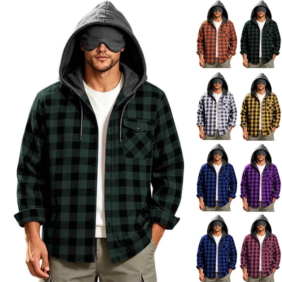 Button Down Plaid Jacket for Men,Long Sleeve Open Front Hooded Shacket Coat,with Drawstring and Check Pocket,Trendy Casual Outfits