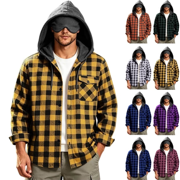 Button Down Plaid Jacket for Men,Long Sleeve Open Front Hooded Shacket Coat,with Drawstring and Check Pocket,Trendy Casual Outfits