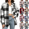thumbnail image 1 of Button Down Plaid Jacket for Women,Long Sleeve Hooded Open Front Casual Shacket Coat with Chest Pockets,Cool Fall and Early Winter Days, 1 of 5