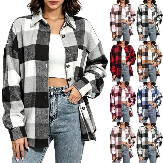 Button Down Plaid Jacket for Women,Long Sleeve Hooded Open Front Casual Shacket Coat with Chest Pockets,Cool Fall and Early Winter Days
