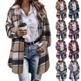 thumbnail image 1 of Button Down Plaid Jacket for Women,Mid-Length Long Sleeve Hooded Open Front Casual Shacket Coats,Cool Fall and Early Winter Days, 1 of 6