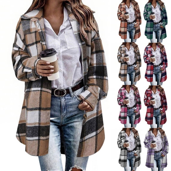 Button Down Plaid Jacket for Women,Mid-Length Long Sleeve Hooded Open Front Casual Shacket Coats,Cool Fall and Early Winter Days