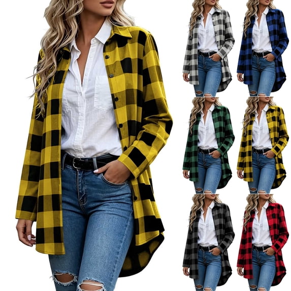 Button Down Plaid Jacket for Women,Mid-Length Long Sleeve Open Front Casual Shacket Coat,Cool Fall and Early Winter Days