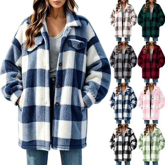 Button Down Plaid Jacket for Women,Turned-Down Collar Warm Fleece Shacket Coat with Pockets for Fall and Winter