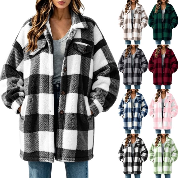 Button Down Plaid Jacket for Women,Turned-Down Collar Warm Fleece Shacket Coat with Pockets for Fall and Winter